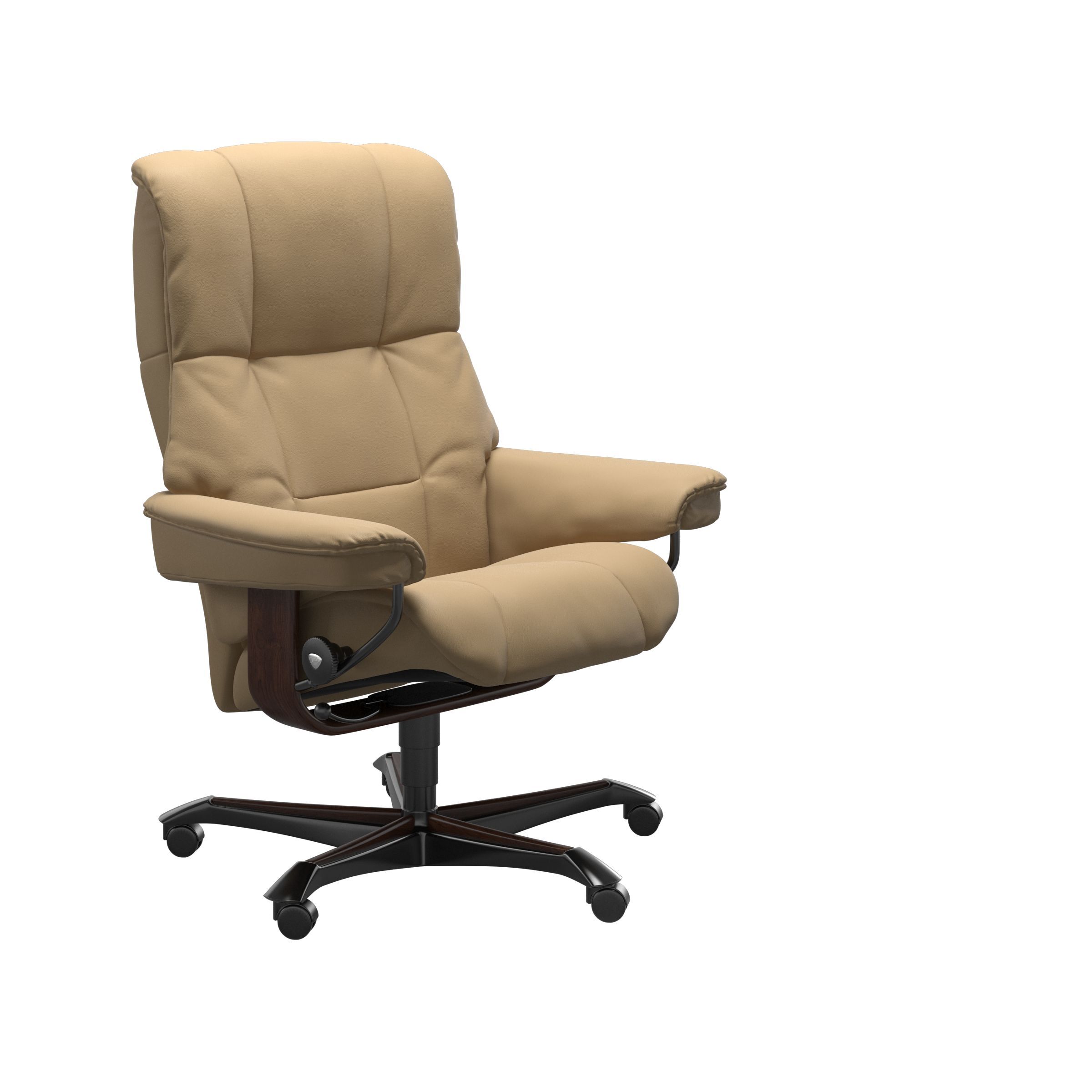 The Stressless Mayfair Office Chair in Sand Paloma Leather with a Brown Stained base. 