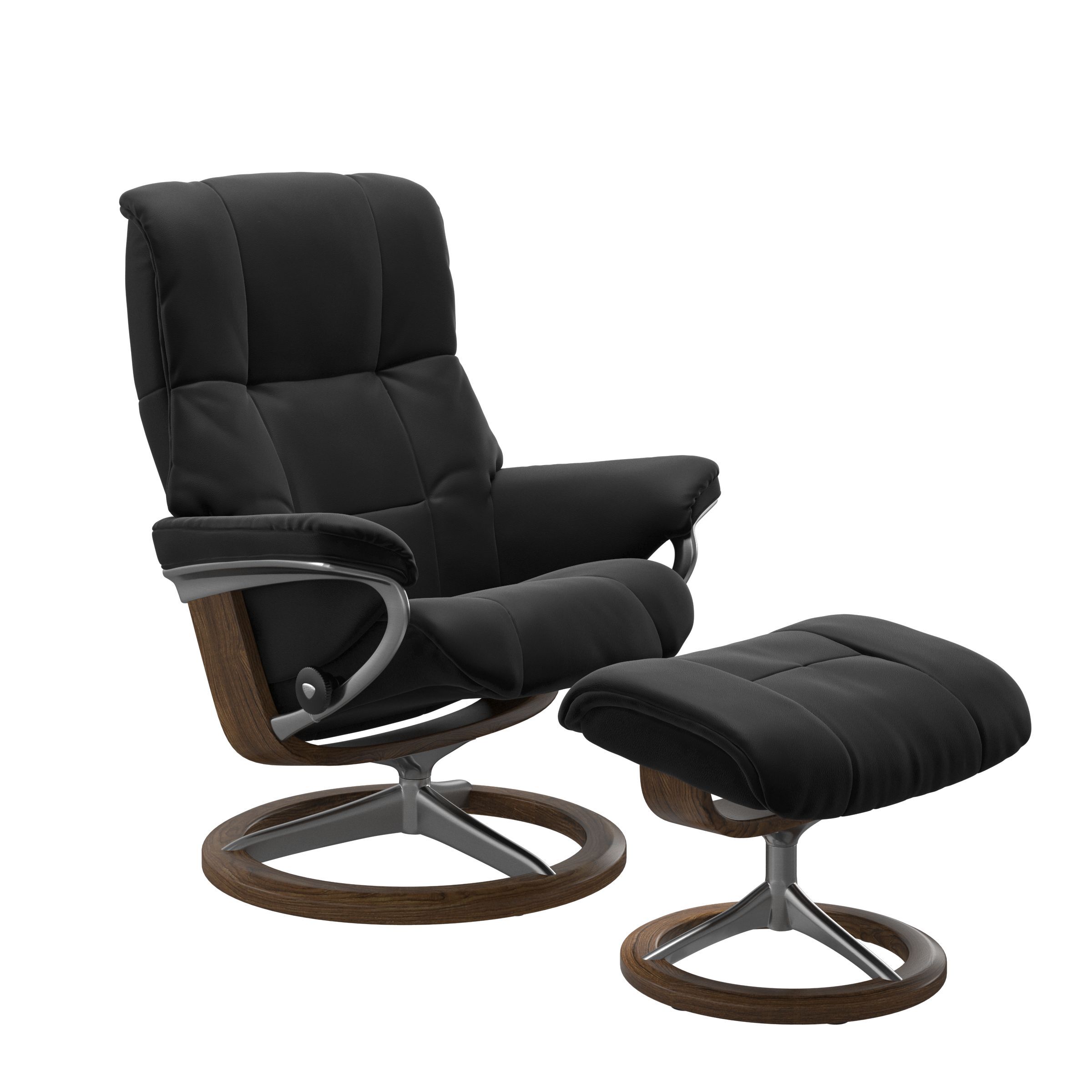The Stressless Mayfair Signature Recliner and Ottoman in Black Paloma leather with a Teak Stained base. 