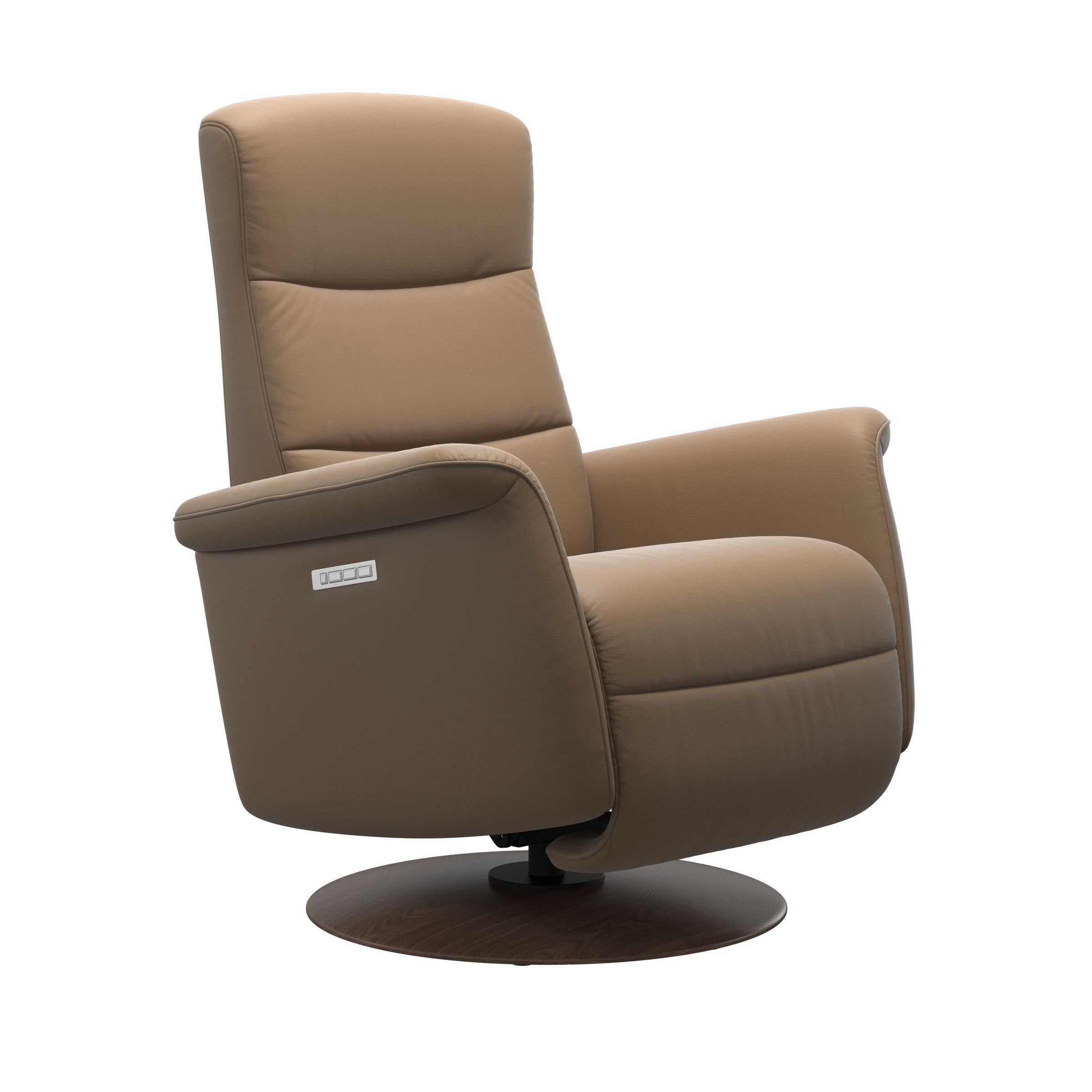 The Stressless Mike Powered Swivel Rocker Recliner in Almond Paloma leather with a Walnut Stained Base. 