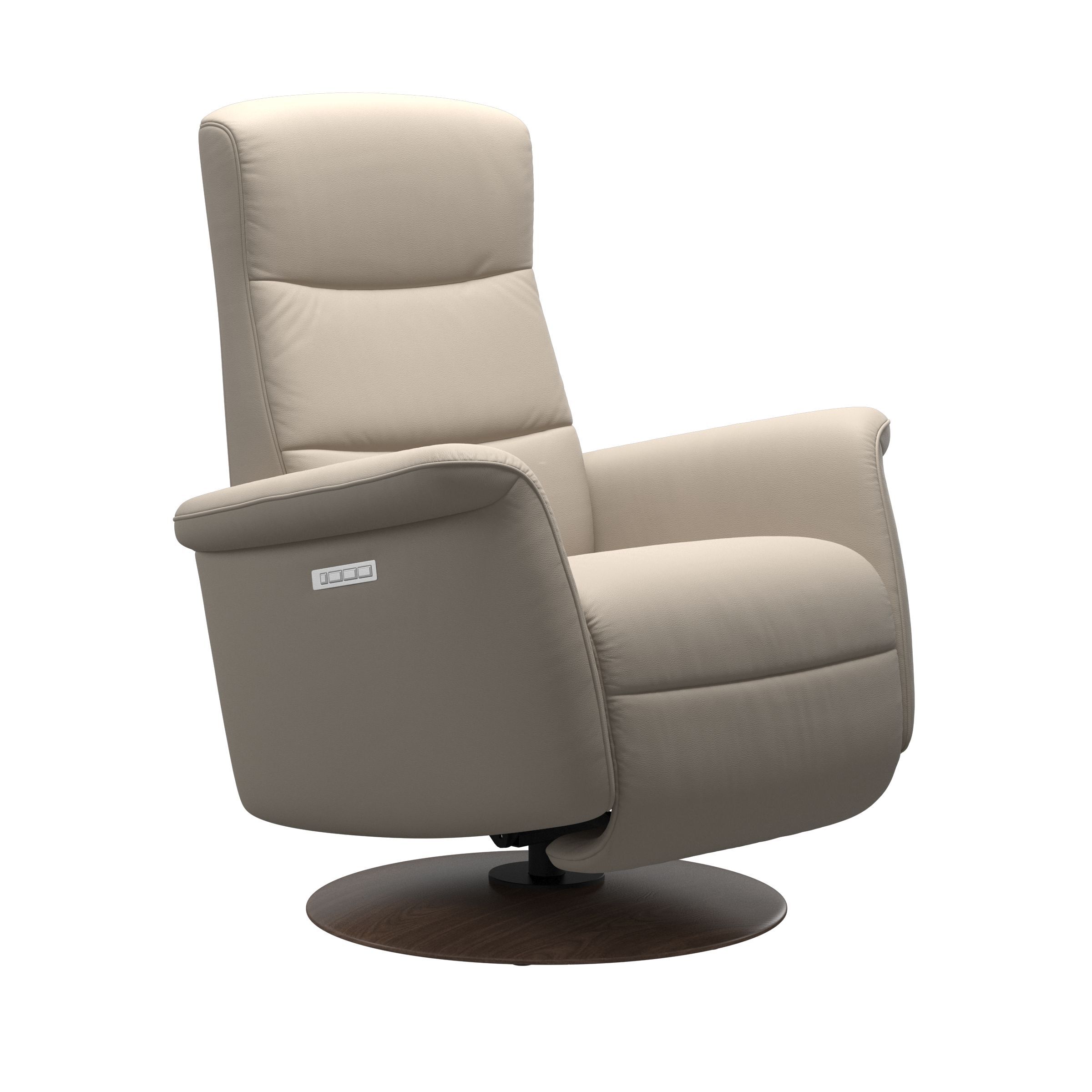 The Stressless Mike Powered Rocker Recliner in Fog Paloma leather with a Walnut stained base. 