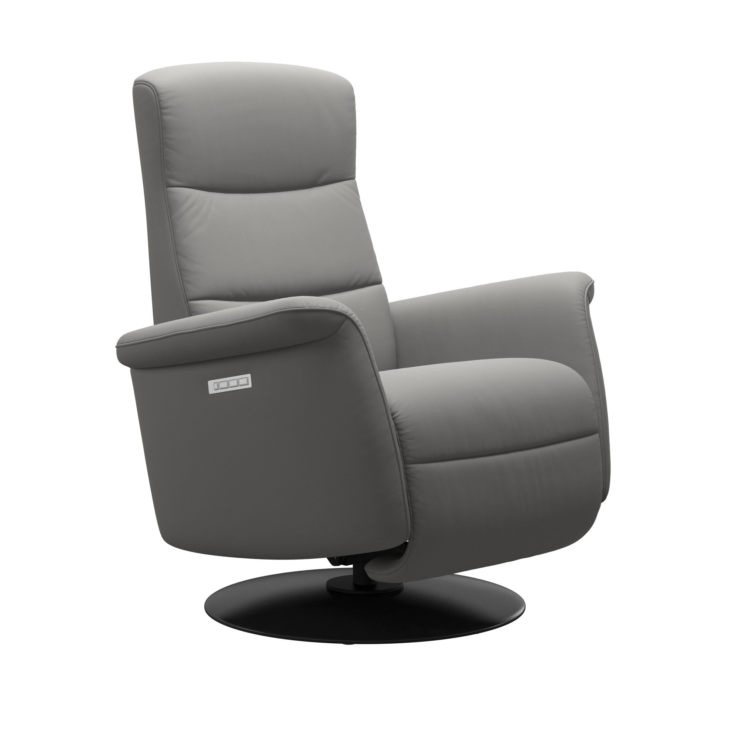 The Stressless Mike Powered Rocker Swivel Recliner in Silver Grey Paloma leather with Black Stained wood. 