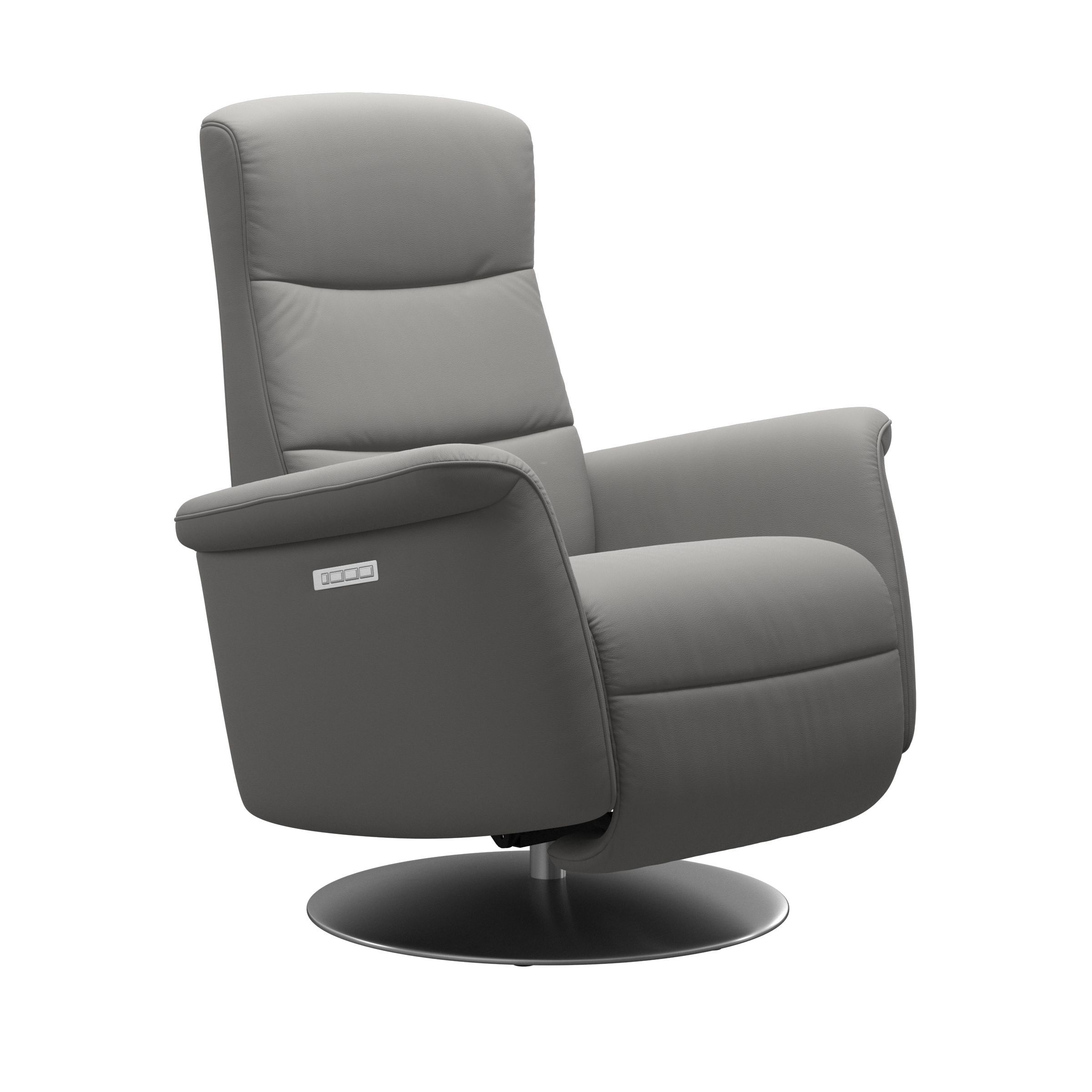 The Stressless Mike Powered Rocker Swivel Recliner in Silver Grey Paloma leather with a chrome base. 