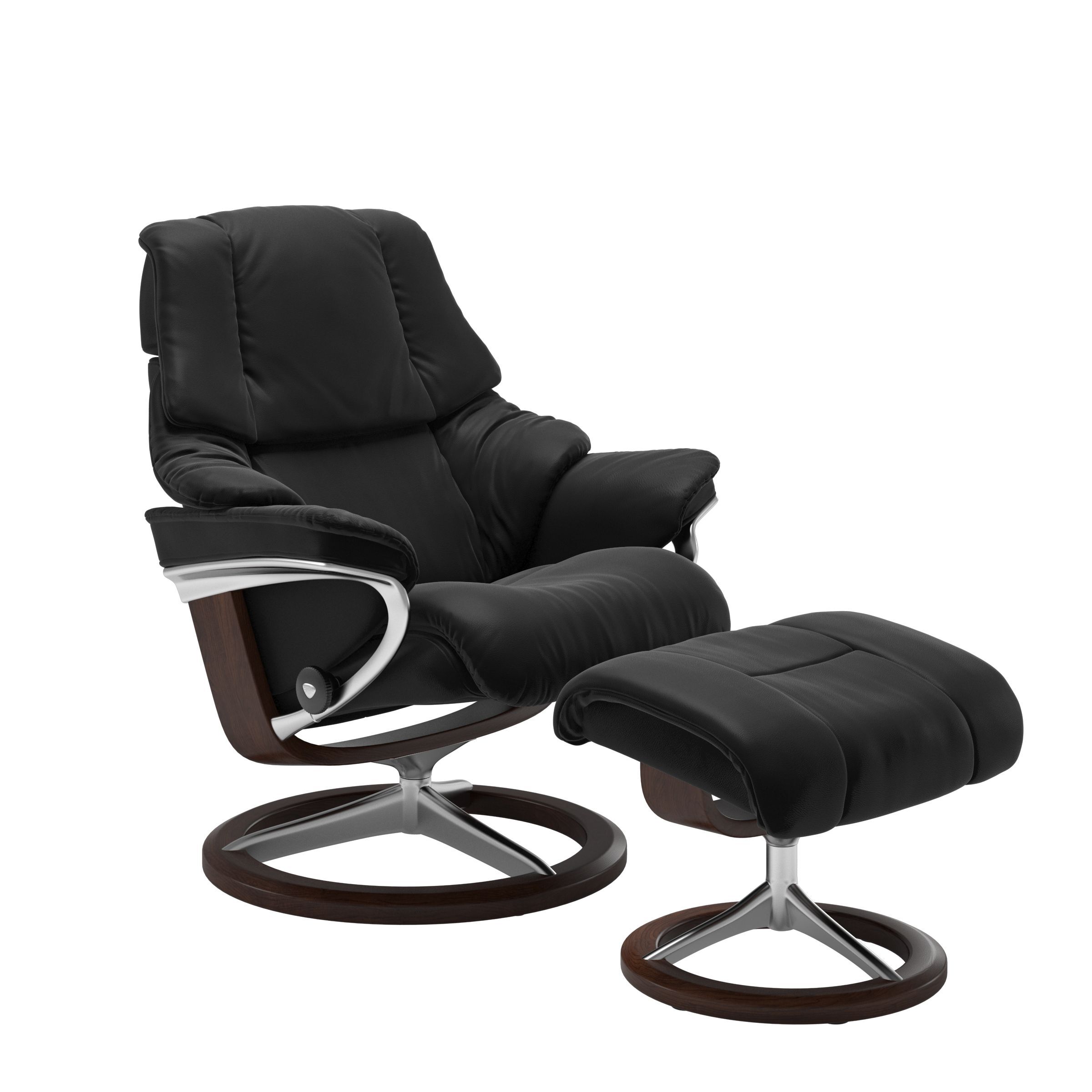 The Reno Signature Recliner and ottoman in Black Paloma leather with a Brown stained base. 