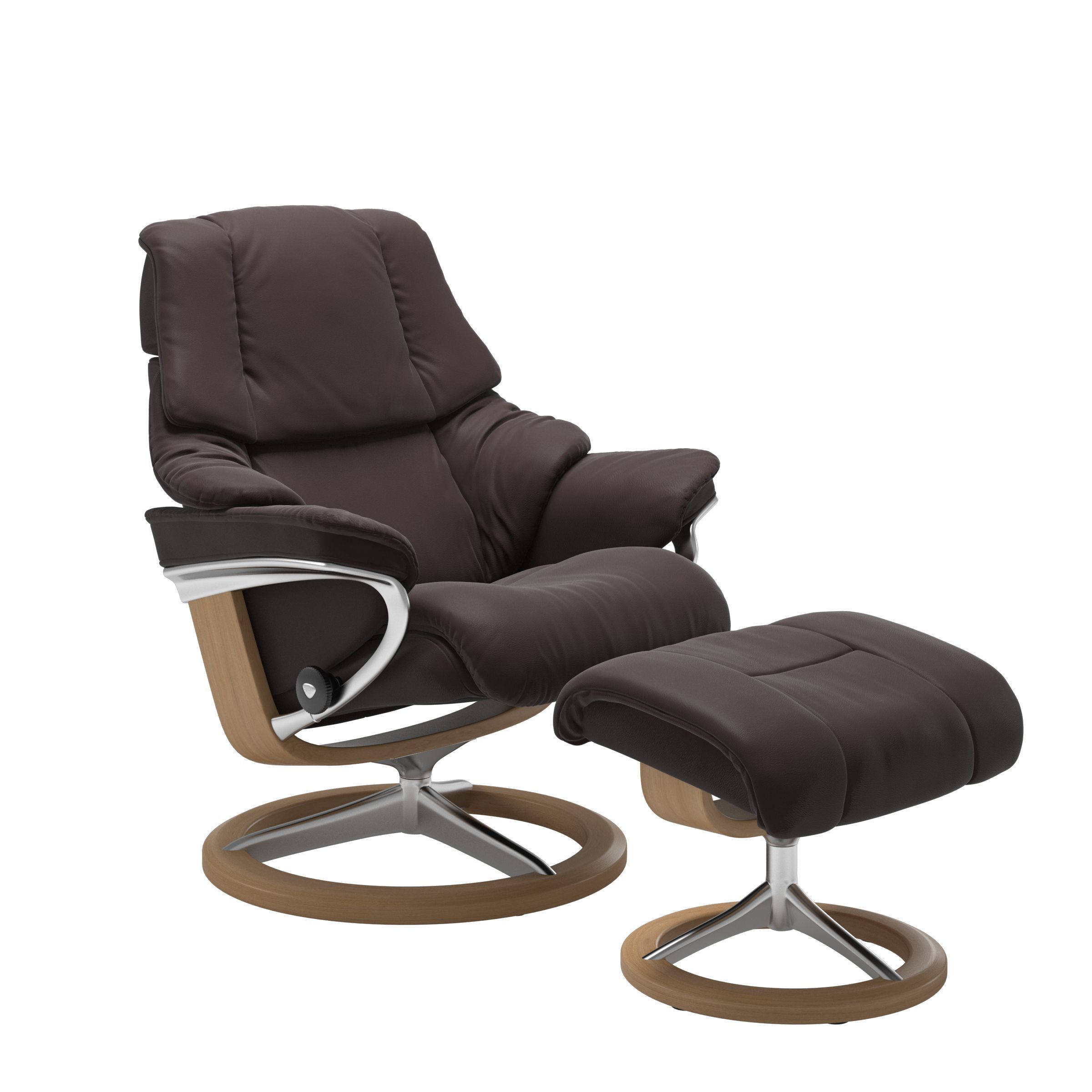 The Stressless Reno Signature Recliner and Ottoman in Chocolate Paloma leather with an Oak Stained Base. 
