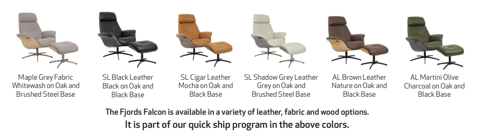 Fjords Falcon Recliner and Ottoman quickship colors. 