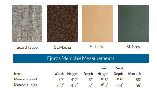 The Fjords Memphis lift chair dimensions and quick-ship colors.