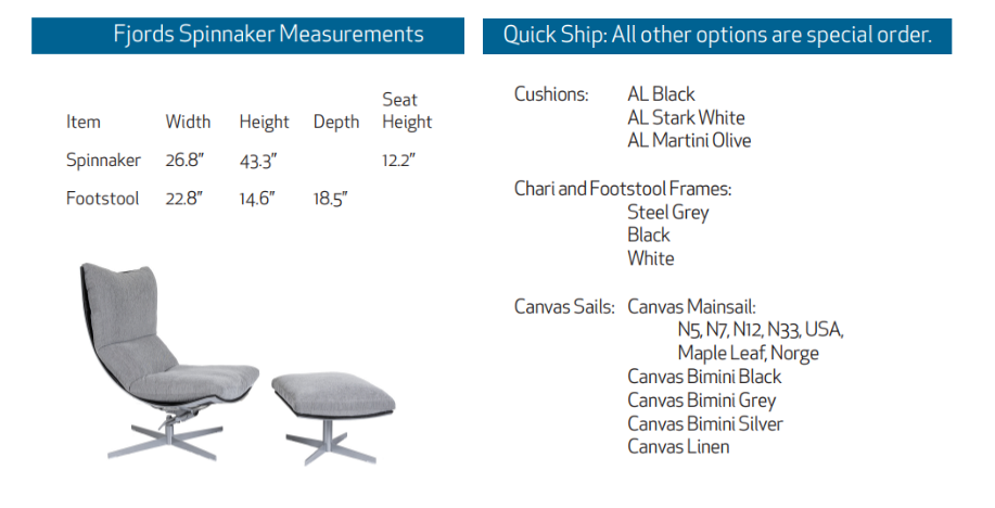 Fjords Spinnaker Dimensions and Quickship colors. 