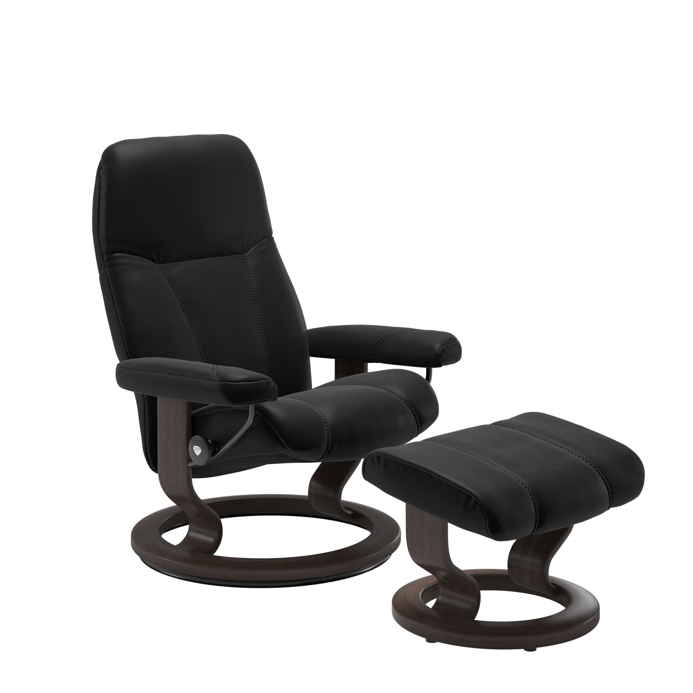 The Stressless Consul Recliner with Black Batick leather and a Wenge Stained Classic base.