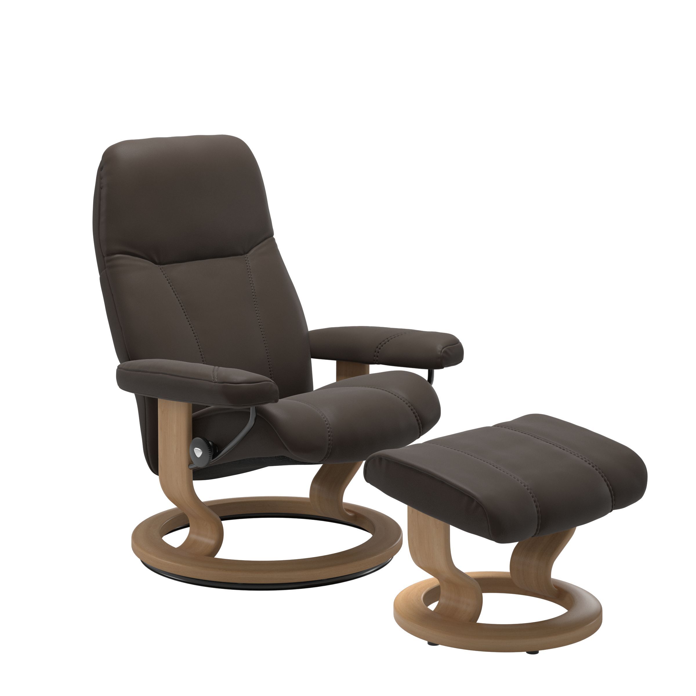 The Stressless Consul Recliner with Brown Batick leather and an Oak Stained Classic base.
