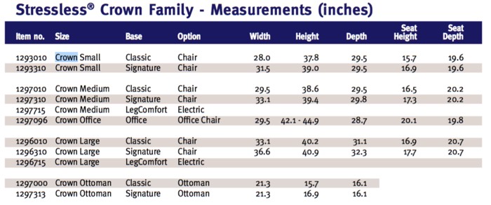 Stressless Crown Family Measurements image