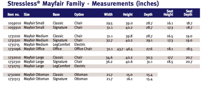 Stressless Mayfair Family Measurements