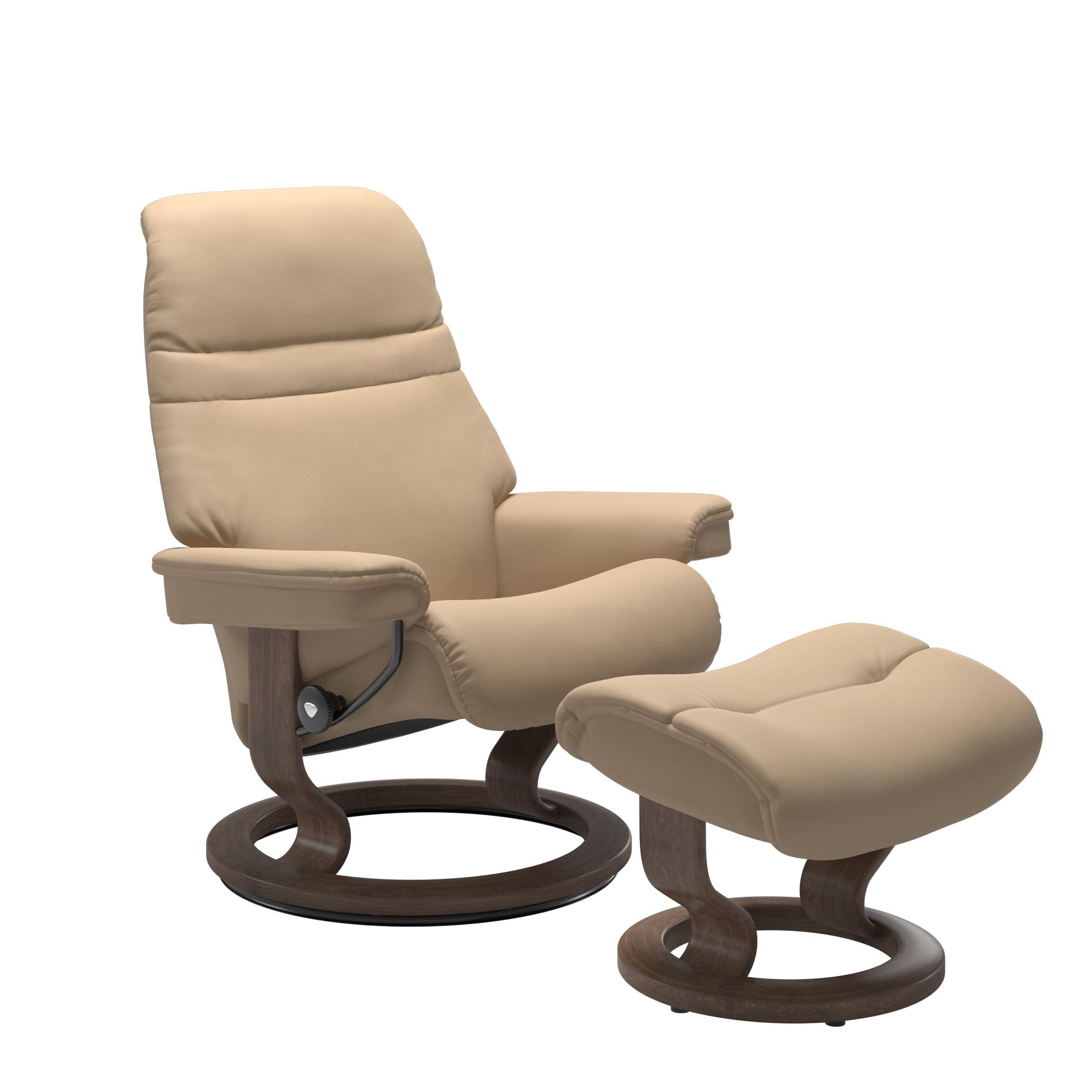 The Stressless Sunrise Recliner and Ottoman in Beige Paloma leather with a Walnut Stained classic base. 