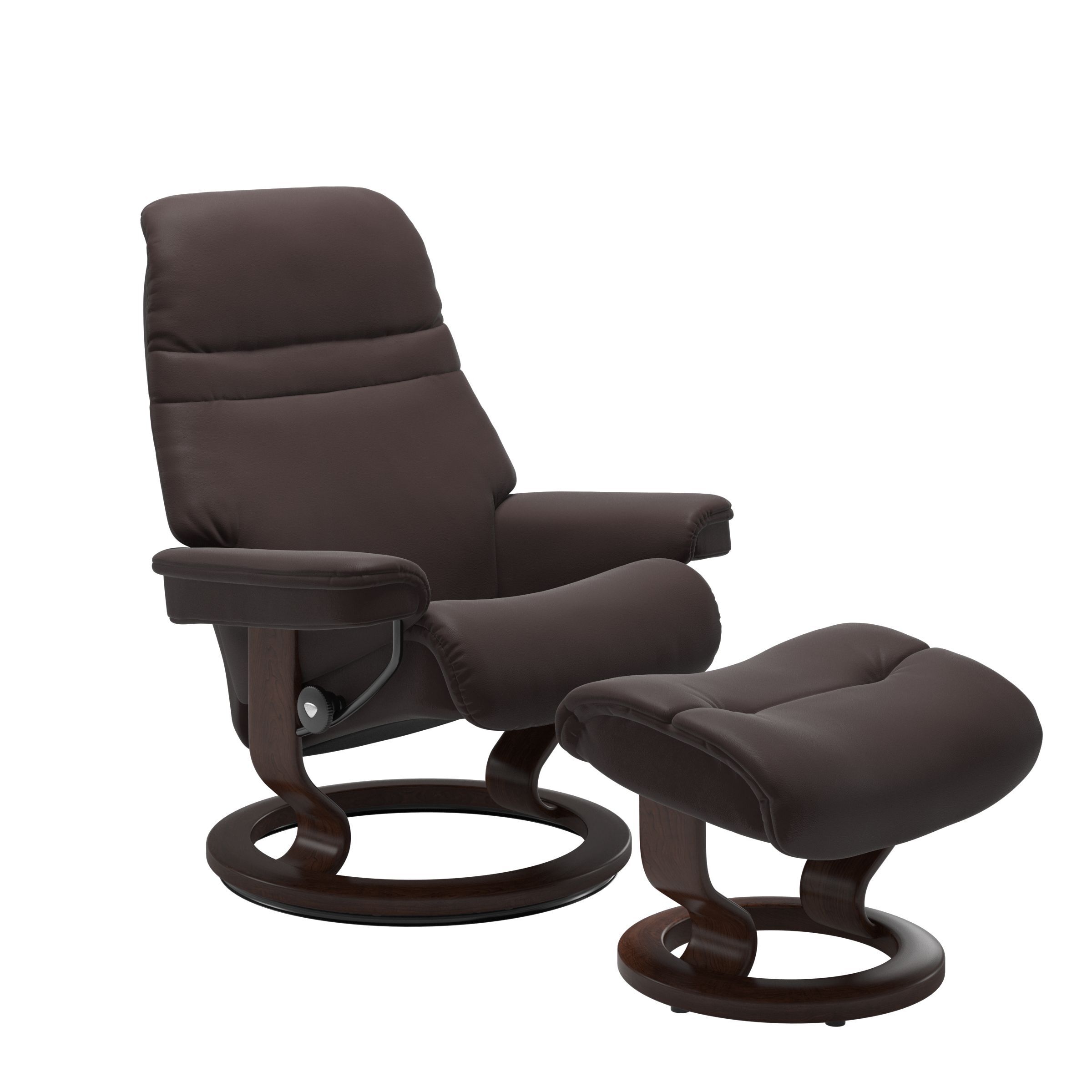 The Stressless Sunrise Recliner and Ottoman in Chocolate Paloma leather with a Brown Stained Classic base. 