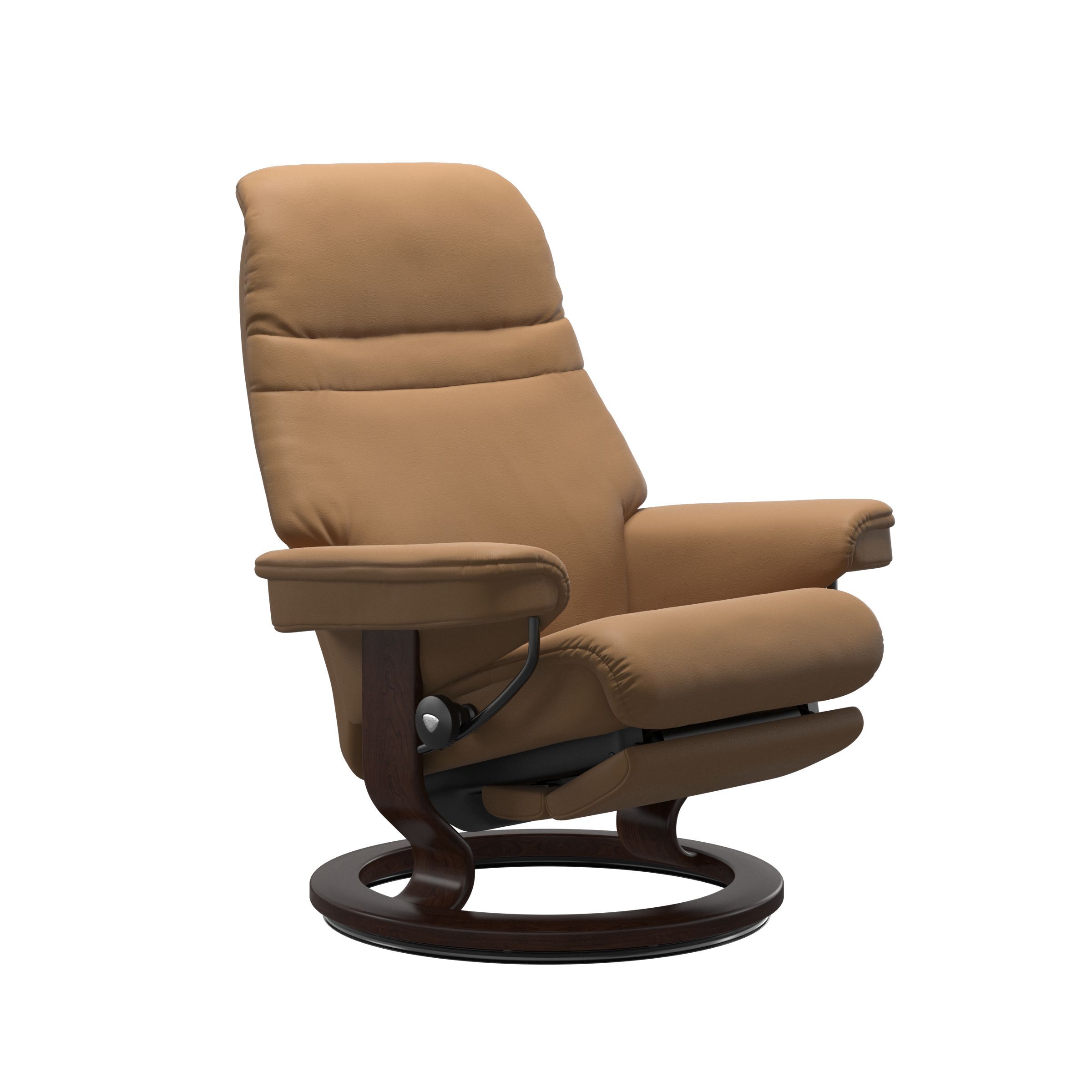 The Stressless Sunrise Powered Recliner in Taupe Paloma leather with a Brown stained base. 