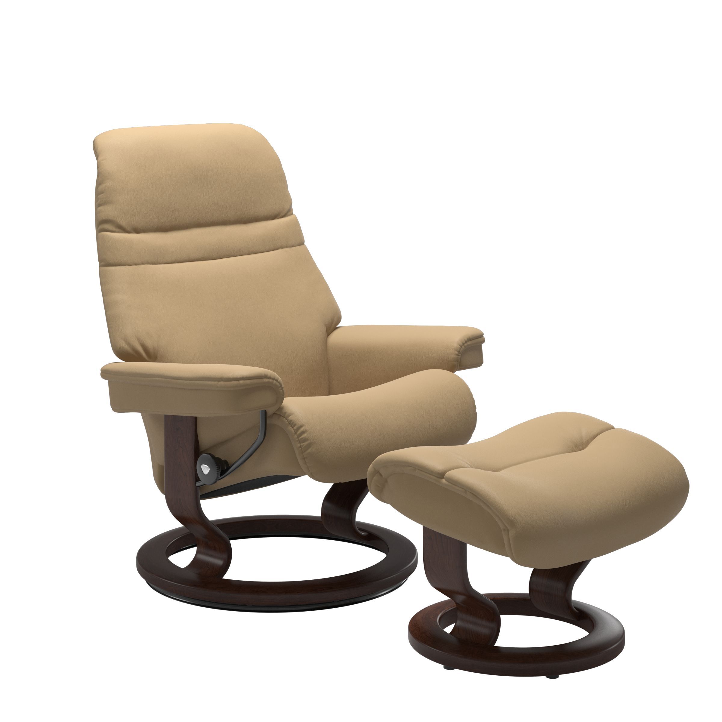 The Stressless Sunrise Recliner and Ottoman in Sand Paloma leather with a Brown Stained classic base. 