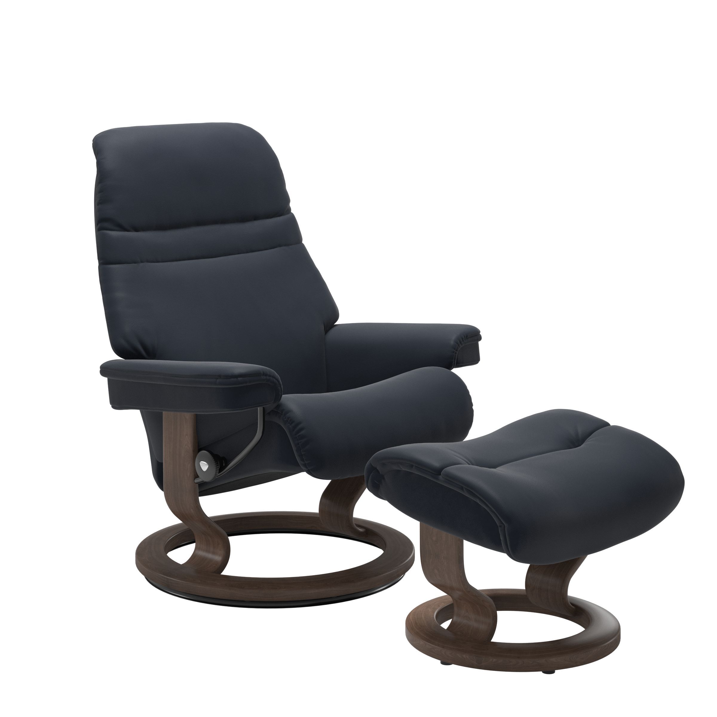 The Stressless Sunrise Recliner and Ottoman in Shadow Blue Paloma leather with a Walnut Stained classic base. 