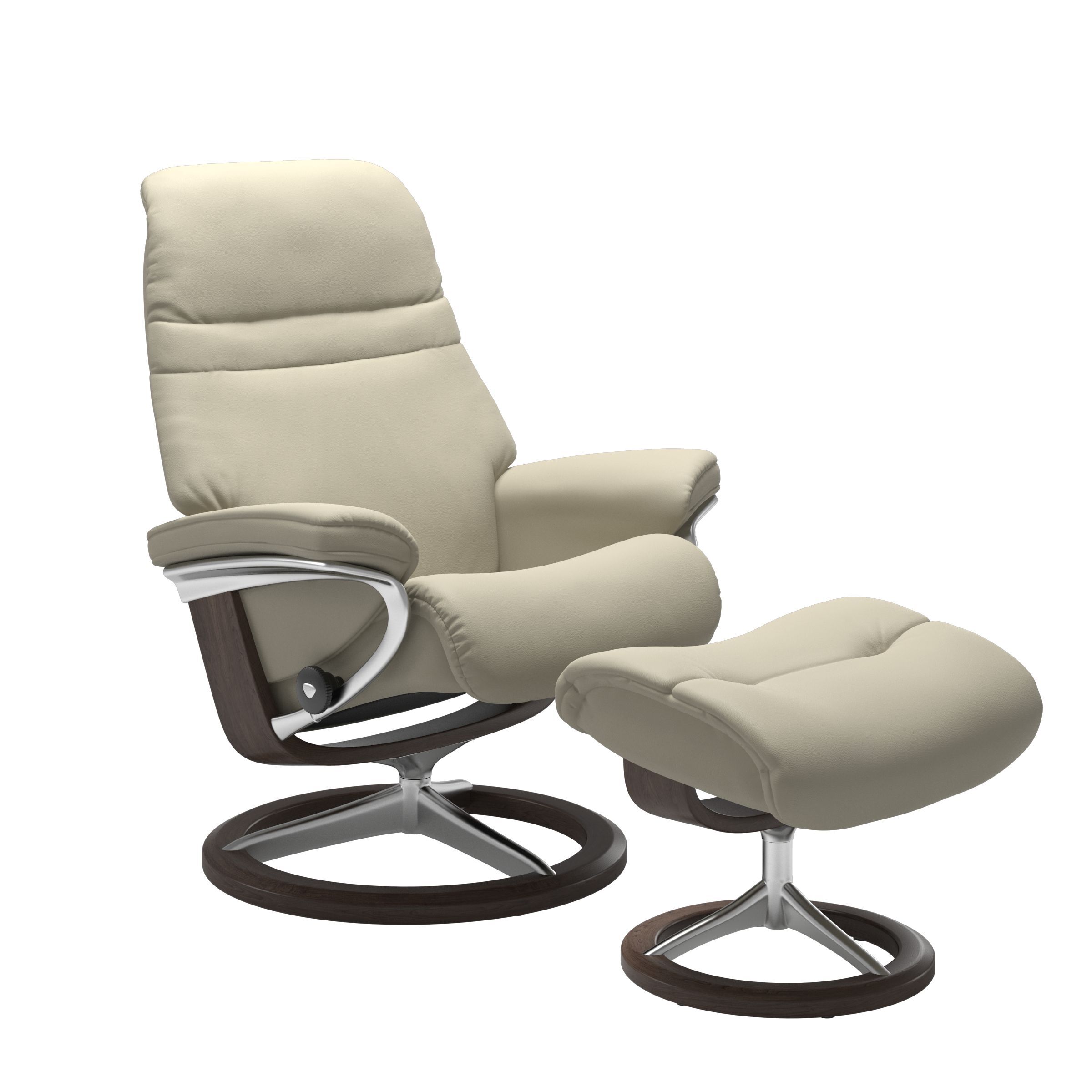 The Stressless Sunrise Signature Recliner and Ottoman in Light Grey Paloma leather with a Wenge stained base. 