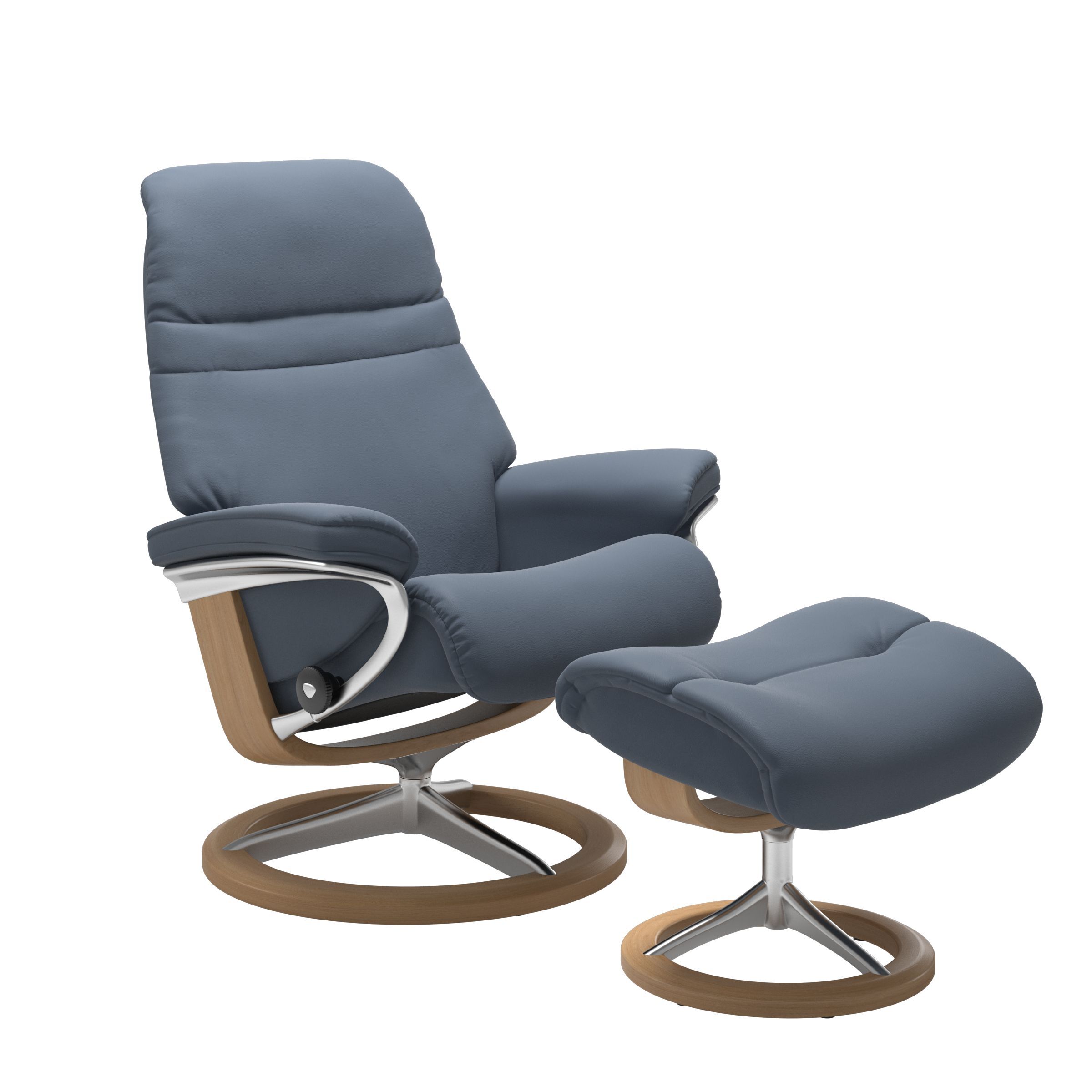 The Stressless Sunrise Signature Recliner and Ottoman in Sparrow Blue Paloma leather with an Oak stained base. 
