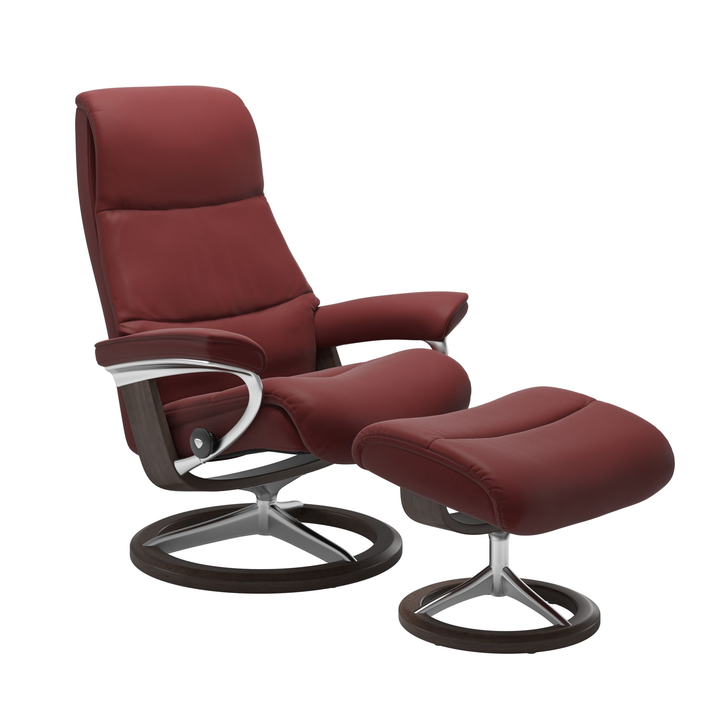 The View Signature Medium Recliner and Ottoman in Cherry Paloma leather with a Wenge stained base. 