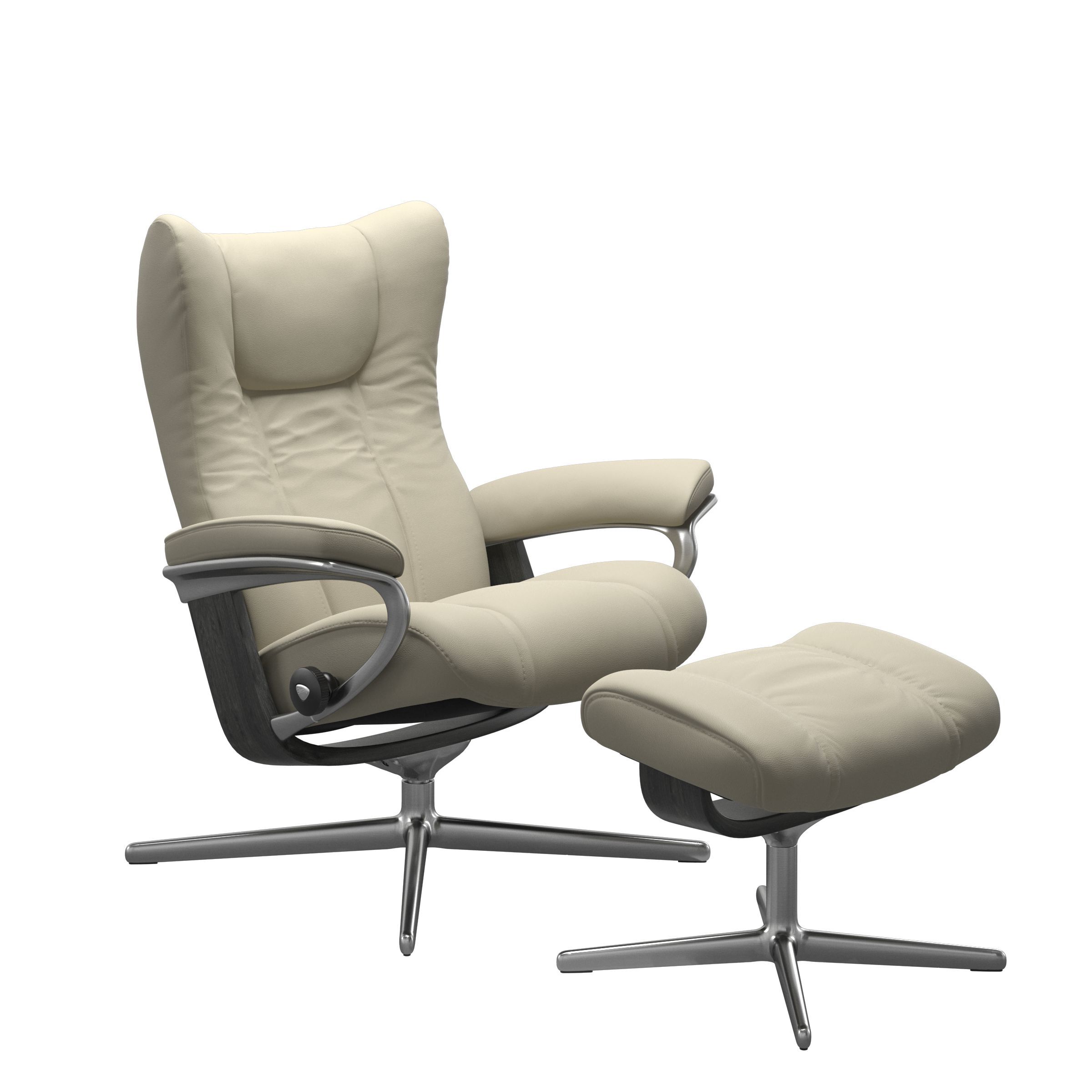 The Stressless Wing Recliner and Ottoman in Light Grey Paloma leather with a Grey Stained Cross Base.