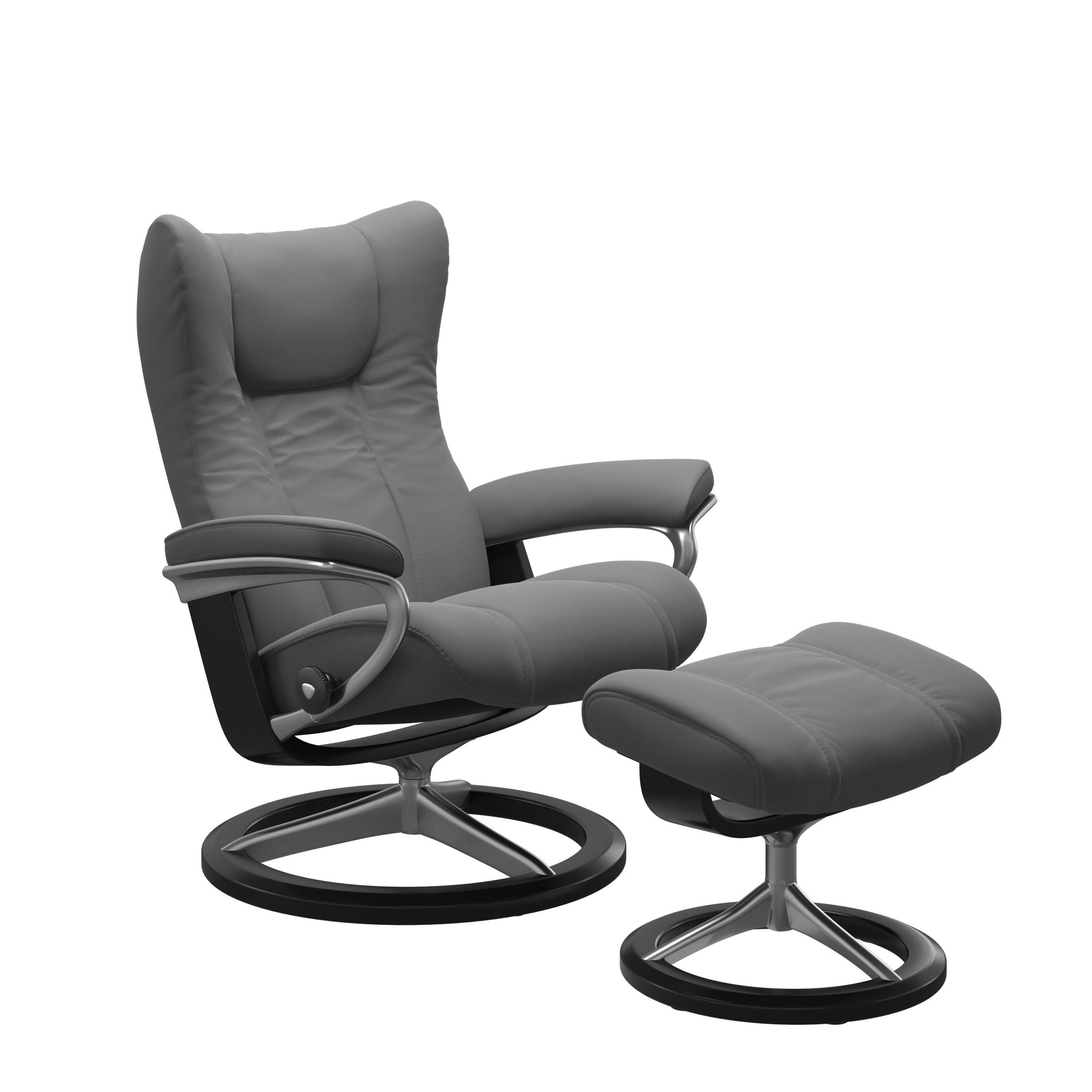 The Stressless Wing Signature Recliner and Ottoman in Neutral Grey Paloma with a Black Stained Base. 