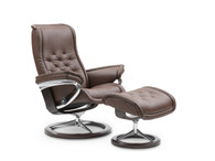 Stressless Royal Signature Recliner with Ottoman. Shown in Espresso Paloma leather with Wenge stained wood.