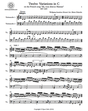 Page 1 of the sheet music for the Variations for Cello Duet by Mozart on "Ah, vous dirai-je Maman".