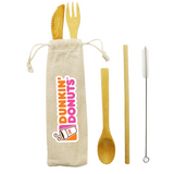 <p>No waste living just got easier with the Bamboo Cutlery Set. The set includes a knife, fork, spoon, straw, and metal spoolie for cleaning the straw. All items in this set are biodegradable, sustainable, and eco-friendly. A must-have for everyone! Bundled up together in an easily portable canvas drawstring bag, just throw your new cutlery set in your handbag, backpack, or briefcase and never be caught trying to eat your lunch with your fingers again!</p>
<p>Please note: Because these utensils are made from natural bamboo, each one will need washing before first use. If there is any pith on the inside of a straw, it can be brushed out and then washed. Pith is totally natural, and edible so should not cause concern. Comes complete with a stainless steel cleaning brush with sisal bristles.</p>
<p>Please note that a standard digital transfer CMYK cannot match exactly PMS. To convert artwork colours from CMYK to PMS is $40.00 net per colour.</p>
<p>Product Features:</p>
<p>• Environmentally Friendly<br />
• Perfect for lunch on-the-go<br />
• Sustainable and Durable design<br />
• Plastic free</p>
<p>Product Details:</p>
<p>• Dimensions: 70mm W x 214mm H<br />
• Material: Bamboo<br />
• Packaging: Canvas drawstring bag.</p>
<p>Product care:</p>
<p>Bamboo is commonly referred to as a “wonder” material, and its characteristics make it difficult for liquids to absorb, making cleaning a breeze. Simply hand wash with soapy water and you’re good to go.</p>
