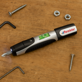 <p>Comes with 4 interchangeable screwdriver bits, a level and a LED flashlight. Individually packaged in a white box.</p>
<p>Please note that many battery powered products a plastic isolator is placed in front of the battery to prevent activation during shipment. This must be removed before the product will work properly.</p>
