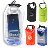 <p>This water-resistant 2.5L dry bag is made from durable 210D PVC-coated tarpaulin, keeping your items safe and dry during outdoor activities like camping or wet-weather trips. The roll-down closure creates a watertight seal for extra protection. Each bag features a clear window with an internal smartphone pocket (103mm w x 153mm h), so you can store and use your smartphone while keeping it dry.</p>
<p>&nbsp;</p>
<p>Please note, that imprint is available on one side only due to the seam on the reverse.</p>
<p>Please note a standard digital transfer CMYK cannot be exactly PMS matched. To convert artwork colours from CMYK to PMS is $40.00 nett per colour.</p>
<p>For digital transfer printing, please ensure art and colours are at full opacity.</p>
