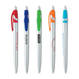<p>A sleek silver plunge-action pen with vibrant colour accents that make your branding pop. Clean, classic, and easy to write with, it’s a smart way to brighten up any stationery collection. Supplied with black ink.</p>

