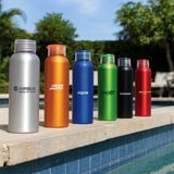 <p>The Aland 600ml aluminium water bottle brings a sleek, metallic finish with a clear screw-top lid and a coloured flip-open holder. Ideal for staying refreshed, this lightweight bottle is as stylish as it is functional. Perfect for carrying your drink wherever you go.</p>

