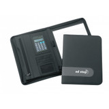 <p>This black smooth PVC cover with grey trim is all about professional polish. Inside, you’ll find a lined A4 notepad, pen loop, multiple business card holders, and a handy inside zippered pocket. Plus, it’s compatible with the optional dual-powered D980 calculator, making it the perfect companion for any meeting or event.</p>
