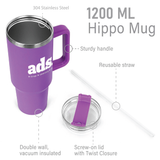 <p>The 1.2L Hippo Bottle is built for all-day hydration, keeping drinks hot or cold for hours with its double-walled design. Made with a 304 stainless steel inner and 201 stainless steel outer, it features a powder-coated finish for a sturdy feel. The screw-on clear straw lid with a twist closure, along with a removable straw and topper, offers flexibility in how you drink.</p>
<p>Please note that the Hippo mug is NOT dishwasher safe and should be Hand-washed.</p>
