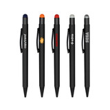 <p>The all-black Metal Pen with a rubberised coating and vibrant stylus tip brings a sleek touch to everyday writing. With smooth black ink on one end and a precision stylus on the other, it seamlessly transitions from paper to touchscreen. Engraves to a mirror finish or can feature a direct digital print for a personalised touch.</p>
