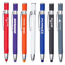 <p>This click-action metal pen features a unique rubberised finish and comes with black ink for smooth writing. It also includes a matching stylus tip for easy navigation on devices. Each pen is engraved to reveal a striking matte finish, offering a 500m writing distance—perfect for long-lasting use.</p>
<p>Product Dimensions: 135mm long</p>
