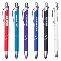 <p>This click-action metal pen with a unique rubberised finish offers a sleek, comfortable grip and smooth black ink. It also features a matching stylus tip for seamless device use. Engraving reveals a striking matte finish, making it both functional and eye-catching</p>
<p>Product Dimensions: 138mm long</p>
<p>Writing distance: 500M</p>
