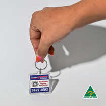<p>This clear acrylic keychain features a vibrant four-colour digital logo insert and can be printed on both sides if requested. If not specified, one side will showcase your branding while the other remains crisp white. Made in Australia, it’s a simple and effective way to keep your logo in the spotlight.</p>
<p>Variable-data printing (VDP)</p>
<p>(Also known as variable-information printing (VIP) or VI) is a form of digital printing, including on-demand printing, in which elements such as text, graphics and images may be changed from one printed piece to the next, without stopping or slowing down the printing process and using information from a database or external file.</p>
<p>For example, a set of labels with the same basic layout can be printed with a different name on each label. Variable data printing is mainly used for direct marketing, customer relationship management, advertising, invoicing, and applying addressing on self-mailers, brochures, or postcard campaigns.</p>
