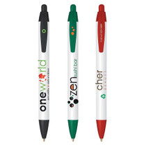 <p>Made with 75% recycled plastic, this pen will earn your brand the respect it deserves in an era of environmentalism. The wide-profile design further allows for a larger imprint area, enhancing the clarity of your branding. Available with blue or black ink.</p>
