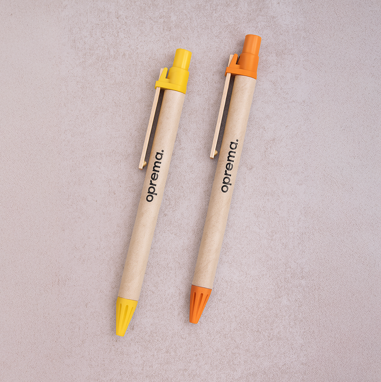 <p>This click-action ballpoint pen is made from recycled paper, and features a biodegradable paper barrel and a wooden clip for a natural, eco-friendly touch. A great choice for those looking to reduce their environmental impact while still enjoying a reliable writing instrument.</p>
