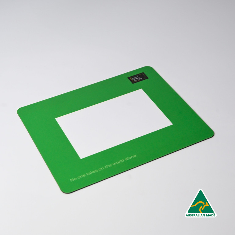 <p>The Photo Frame Mouse Mat lets you customise your workspace with whatever keeps you smiling or on track – family snaps, notes, reminders, you name it. Slide them in under the clear textured window and switch them out whenever the mood strikes. Multiple sizes and window options are available.</p>
<p>&nbsp;</p>
<p>Price includes one design only.<br />
Poly bagging adds $0.50 per unit.<br />
Variable-data printing (VDP)<br />
(Also known as variable-information printing (VIP) or VI) is a form of digital printing, including on-demand printing, in which elements such as text, graphics and images may be changed from one printed piece to the next, without stopping or slowing down the printing process and using information from a database or external file.<br />
For example, a set of labels with the same basic layout can be printed with a different name on each label. Variable data printing is mainly used for direct marketing, customer relationship management, advertising, invoicing, and applying addressing on self-mailers, brochures, or postcard campaigns.</p>
