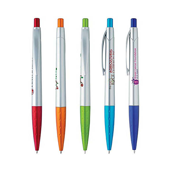<p>Find a bit of fun in your stationary collection; this pen is a retractable ballpoint with a white barrel and colour accents. Offering clear, clean branding. Comes with black ink.</p>
