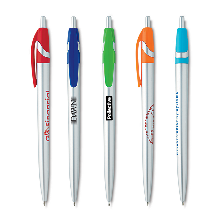 <p>A sleek silver plunge-action pen with vibrant colour accents that make your branding pop. Clean, classic, and easy to write with, it’s a smart way to brighten up any stationery collection. Supplied with black ink.</p>
