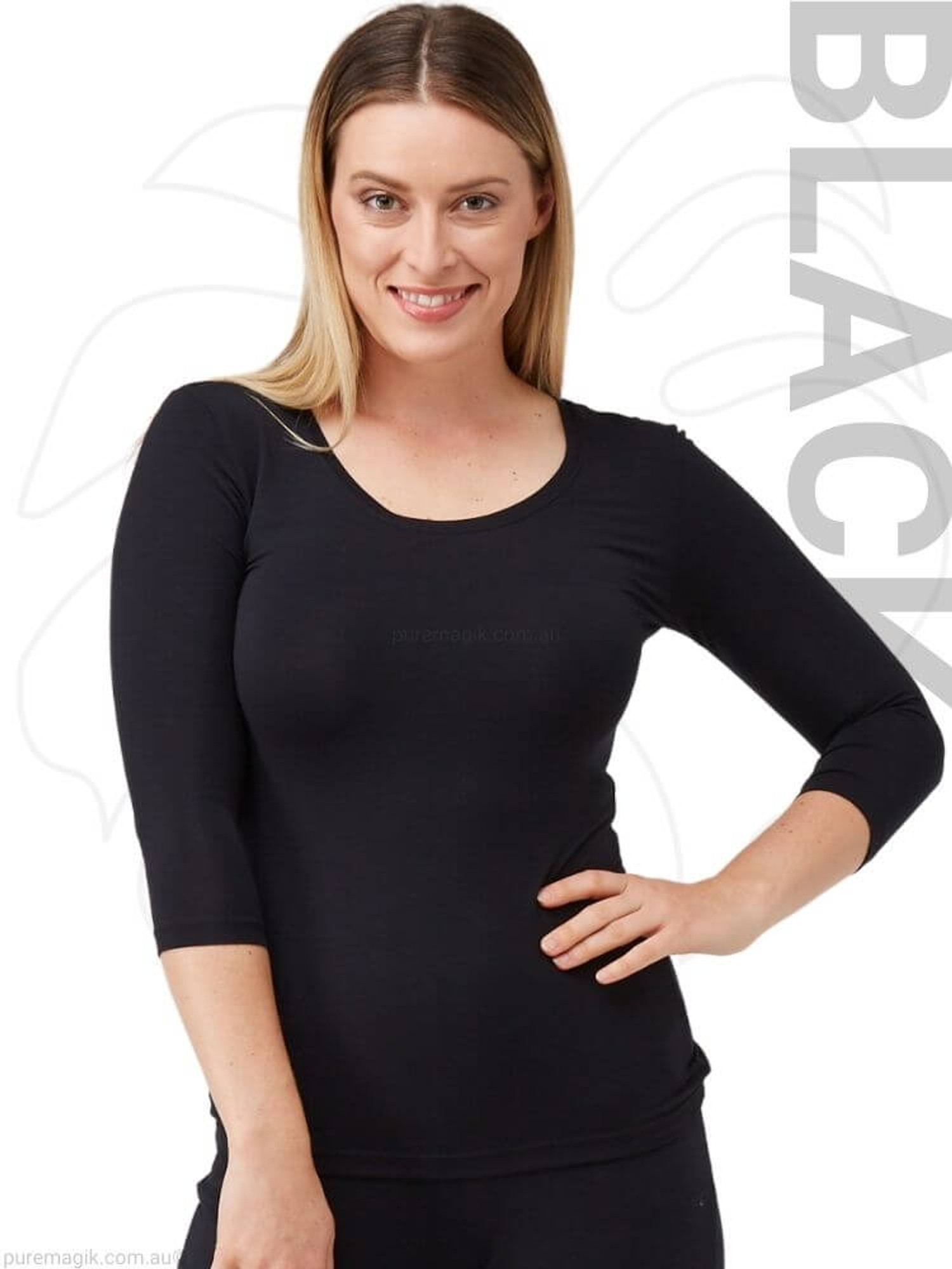 Black Tani Clothings 3-4 Sleeve Scoop Neck Top Modal 79245 | Tani Australia