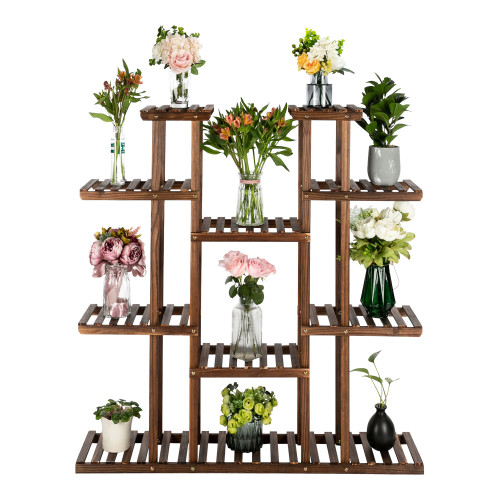 6-Story 11-Seat Multifunctional Carbonized Wood Plant Stand Vertical Shelf Flower Display Rack Holder