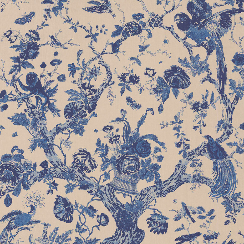 Palampur Parrot in Indigo on Natural Linen Fabric by the Yard - Michelle Nussbaumer Collection