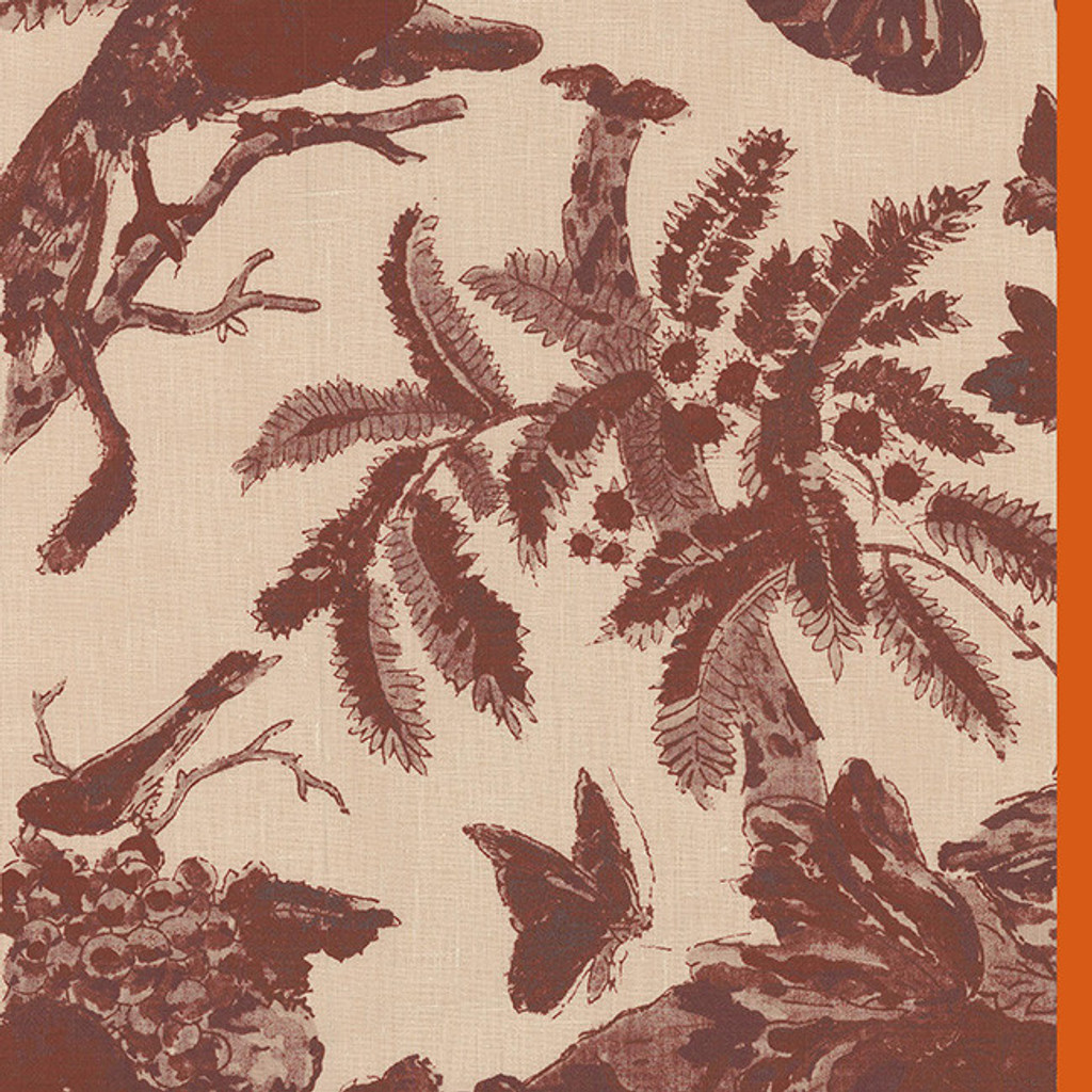 Palampur Parrot in Oxblood on Natural Linen Fabric by the Yard - Michelle Nussbaumer Collection