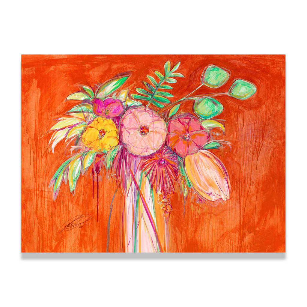 still life with wallflowers iii giclee, kelly oneal painting, nature red and orange painting