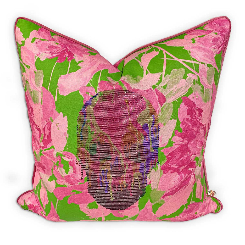 Design Legacy by Kelly O'Neal Floribunda Double-Sided Pillow by Mia Malcolm on Bone with Rhinestone Skull 