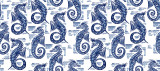 Seahorse Small in Indigo on Bone Cotton Fabric Swatch Memo - Design Legacy by Kelly O'Neal